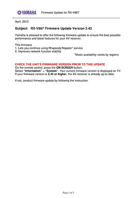 yamaha雅马哈RX-V867 Firmware Update Installation Manual